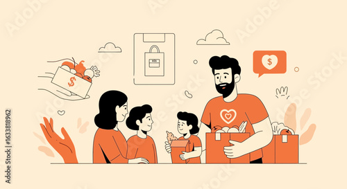 Family Donating Food Items to a Charitable Organization Showing Care