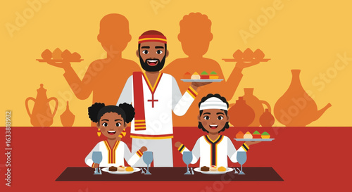 Enjoying Traditional Ethiopian Cuisine With Family In A Restaurant Setting