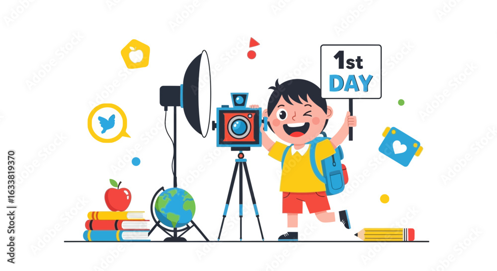 Fototapeta premium Enthusiastic Boy Celebrating First Day Of School With Creative Camera Setup