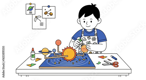 Enthusiastic Boy Creating Solar System Project for Educational Purposes at Home
