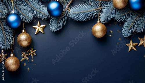 Christmas blue background with red and gold baubles, pine branches, and stars. Xmas greeting card design, New Year banner template.