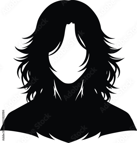 Vector art of silhouette of a woman with long wavy hair and bangs creating a modern and stylish look for beauty and fashion