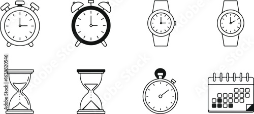 Timekeeping icons line art illustration