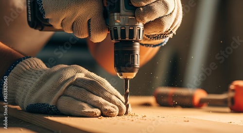 Hands carefully drilling into wood with power tool for precise craftsmanship project