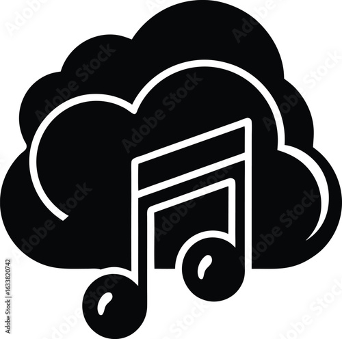 Vector art of an illustration of a musical note inside a cloud representing music streaming and online digital music services