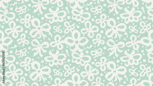 Floral and bow pattern with light blue background and white shapes in a repeating design aesthetic