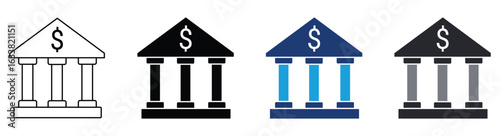 Bank icon set. Museum, court building symbol. Vector illustration .
