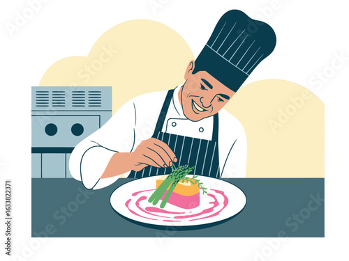 Chef meticulously garnishing a colorful gourmet dish with asparagus and herbs cook