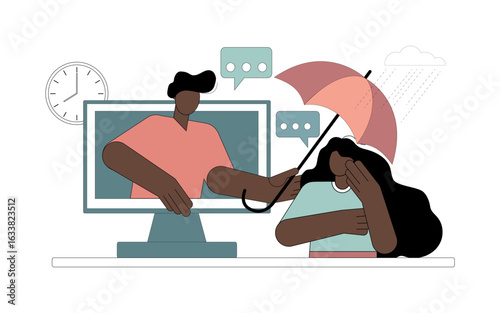 Online psychologist holds umbrella over woman. Way out of crisis situation. Vector flat illustration