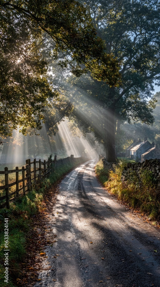 Naklejka premium Sunbeams illuminate a country lane