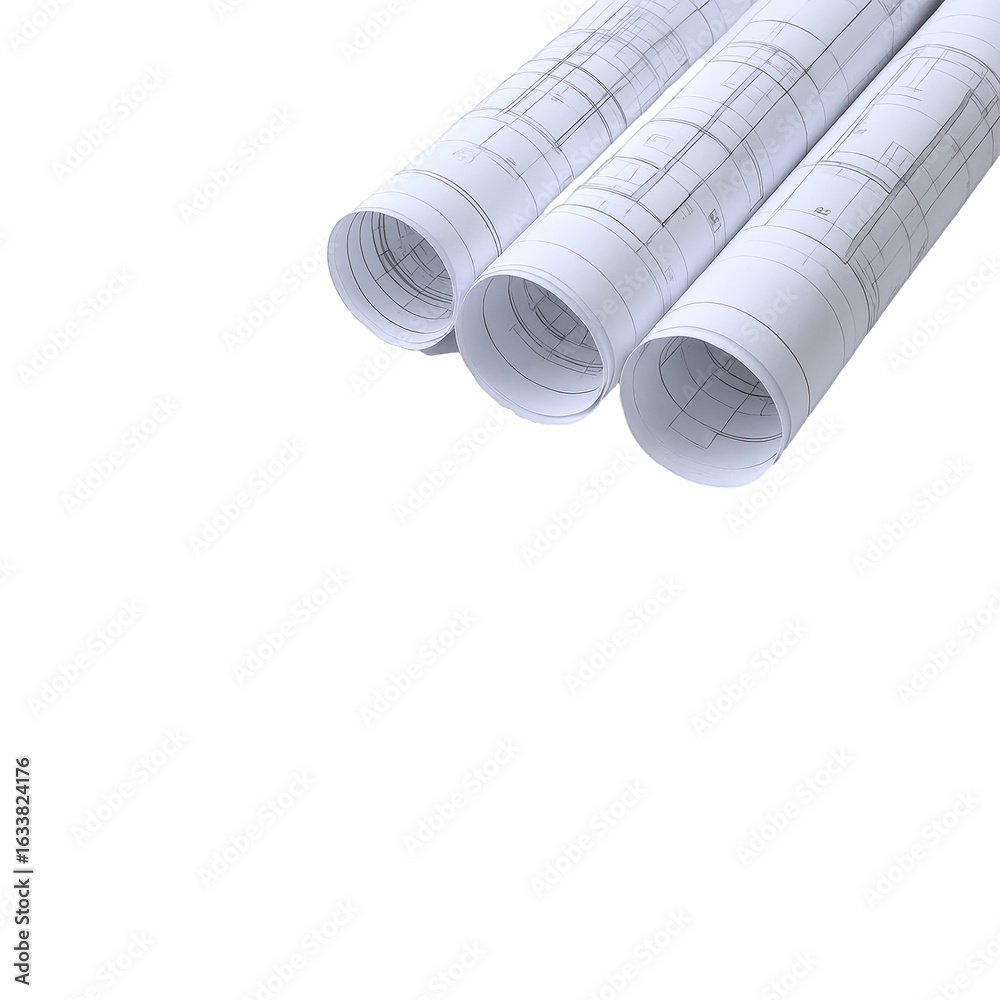 Fototapeta premium Rolled architectural blueprints displaying detailed technical drawings and plans, suggesting construction and design projects.
