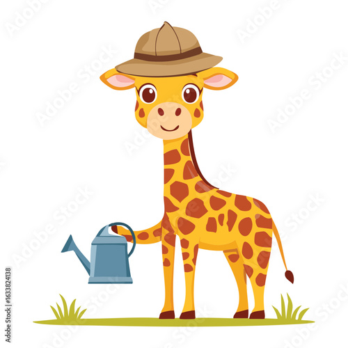 Giraffe Mascot In Cowboy Hat With Watering Can