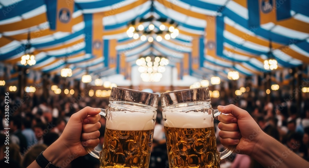 Naklejka premium Toasting with beer mugs at Oktoberfest celebration in a tent