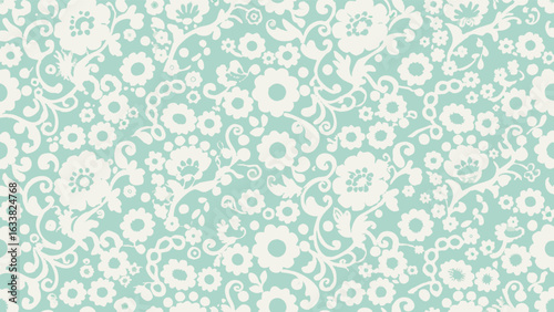 Floral pattern with white flowers and vines on a light teal background creating a vintage wallpaper design