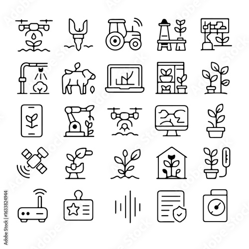 Innovative icon set depicting the smart agriculture and agricultural technology, offering a visual representation of the advancements reshaping modern farming practices.