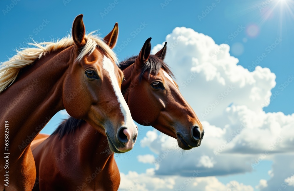 Naklejka premium Two horses with flowing manes stand side by side against a bright blue sky with fluffy clouds and sunlight
