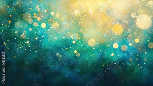 An abstract background with blurred, light green and yellow bokeh lights on a gradient of blue, green, teal, and gold colors, sparkling and glittering