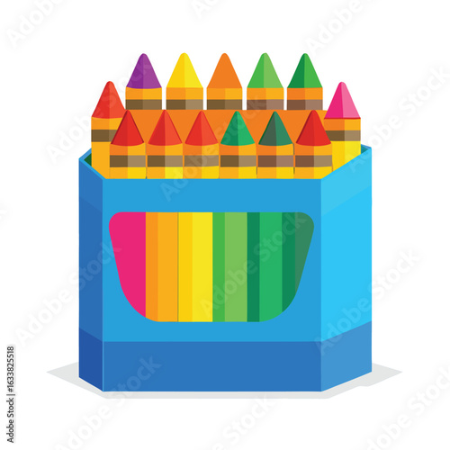 A brand new, unopened box of 24 crayons, with bright colors, symbolizing creativity and art, on a simple white background, for education.