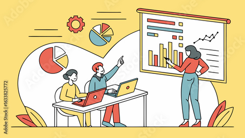 Illustration of a business presentation with charts and graphs and people collaborating together closely