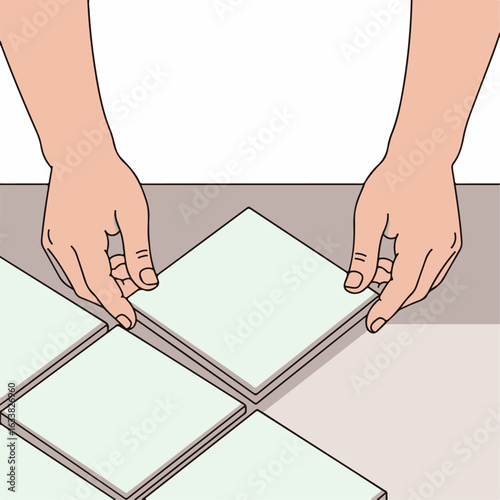 Laying tile in a patterned design, hands carefully position a tile for precise alignment. Laying tile needs precision for a smooth surface.