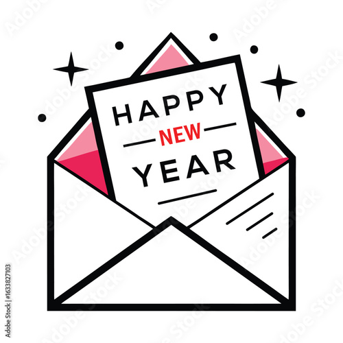Happy New Year Greeting Card with Envelope Vector Illustration