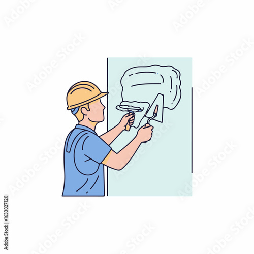 Worker applying plaster to wall for repair. Professional plasterer in helmet spreading plaster for repair. Concept of wall repair in construction, suitable for construction company advertising.