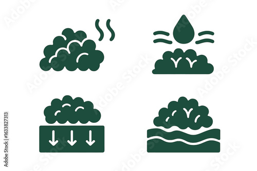Set of Moss and Environment Vector Icons. Air Purification, Moisture Retention, Soil Protection, Ecological Benefits of Moss, Botanical Conservation, Sustainable Nature Design, Isolated Illustration