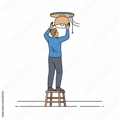 Man changing lightbulb in living room, man standing on stool and touching ceiling lamp. Changing lightbulb includes replacement of bulb with new one