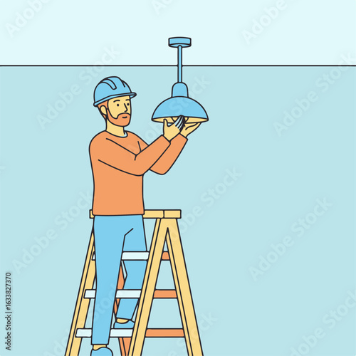 Professional electrician installing new light fixture while standing on ladder, worker is wearing safety helmet. Light fixture installation requiring precision and skill