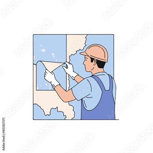 Illustration of a worker removing wallpaper from wall during home repair, this wallpaper removal process shows dedicated effort and skill. Home repair includes scraping off the old wall coverings