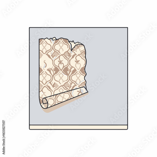 Wall repair needed with damaged wallpaper on wall, showing peeled sections. Wall repair process shown on interior wall, highlighting need for renovation and wallpaper replacement.