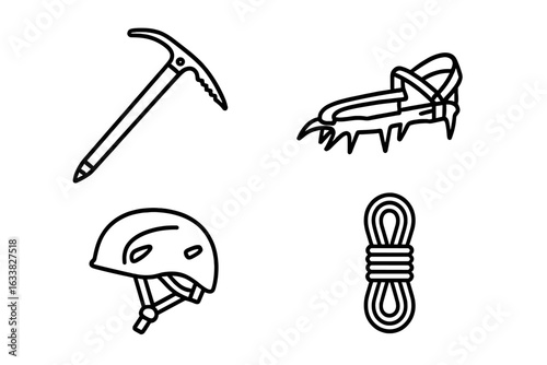 Mountaineering equipment icons set. Ice axe, crampon, climbing helmet, rope coil. Outline vector expedition tools for alpinism, climbing safety gear, adventure sports. Linear illustration isolated.