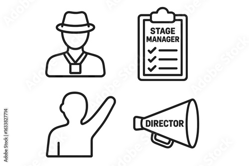Musical Production Roles Icons Set. Outline Vector Illustration of Theater Director, Stage Manager Clipboard, Performer Silhouette, Production Crew Hat Badge. Performing Arts Staff, Drama Team Design