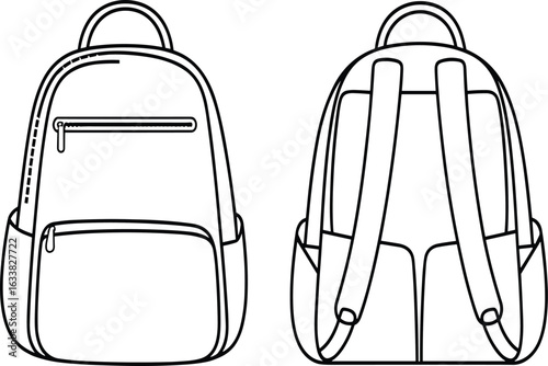 Backpack design, front and back view, cad drawing, flat vector illustration, school bag, travel accessory, black and white, outline