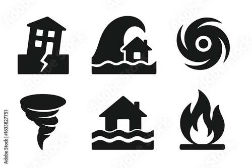 Natural disaster icon set. Solid vector symbols of earthquake, tsunami, hurricane, tornado, flood, wildfire. Disaster emergency pictograms. Weather catastrophe, hazard, risk, crisis illustration