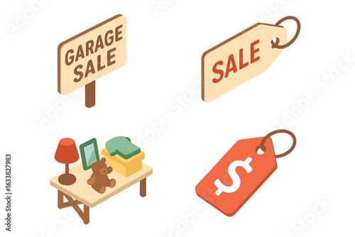 Isometric Garage Sale Icons Set. Neighborhood Yard Sale Vector Illustration with Garage Sale Sign, Sale Tag, Price Label, Flea Market Table Display, Secondhand Items, Home Declutter Concept