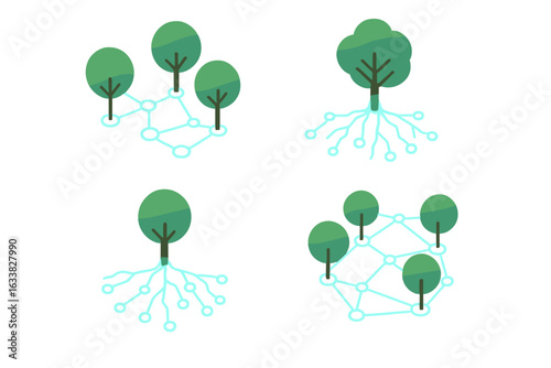 Connected Trees Network Illustration Set. Isometric Flat Icons of Tree Communication, Glowing Digital Roots, Nature Technology, Botanical Data Connection, Forest Ecosystem Connectivity, Vector Art