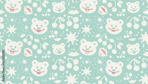 Seamless pattern featuring bear heads, cherries, stars, and lips on a light green background