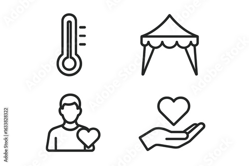 Nonprofit fundraising icons set. Charity thermometer, community event tent, volunteer with heart, helping hand with love symbol. Donation, social support. Fundraiser, giving, support concept design