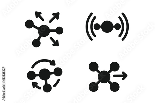 Molecular Motion Vector Icons Set. Solid Filled Illustrations Representing Kinetic Energy, Vibration, Rotation, Particle Movement, Molecular Structure, Scientific Concepts, Chemistry Physics Symbols