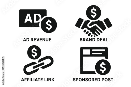 Monetization business icons set, solid vector collection showing ad revenue, brand deal, affiliate link, sponsored post, online income and digital advertising methods, financial technology concept