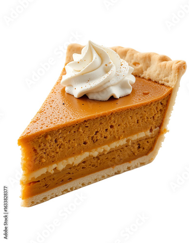 Classic pumpkin pie slice with whipped cream on white plate - traditional thanksgiving dessert for holiday baking autumn flavors and seasonal comfort treats