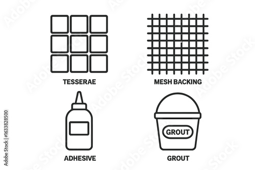 Mosaic Art Materials Icons Set. Outline Vector Symbols of Tesserae Tiles, Mesh Backing, Adhesive Bottle, Grout Bucket. Creative Supplies for Mosaic Making, Tile Installation, DIY Crafts
