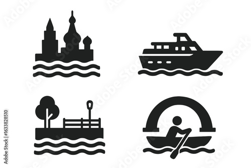 Moscow River Vector Icons Set. Solid Filled Landmarks, Tour Boat, River Embankment Park, Arch Bridge, Rowing Activity Symbol. Moscow Tourism, Travel, Cityscape, Navigation, Water Recreation Concepts