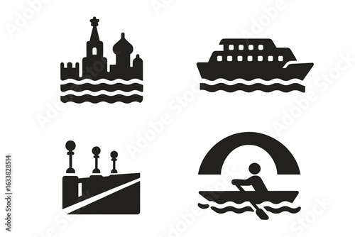 Moscow River Icons Set. Solid Filled Vector Illustrations of Moscow River Scenery with Landmark Silhouettes, Tour Boat on Water, River Embankment, Bridge Arch, Rowing Activity, Black Isolated Symbols