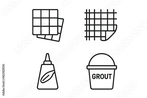 Mosaic Art Materials Icons Set. Outline Vector Kit of Mosaic Tiles, Mesh Backing Sheet, Adhesive Glue Tube, Grout Bucket. Minimal Linear Symbols for Mosaic Supplies, Craft, DIY Home Decor Projects