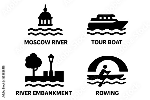 Moscow River Landmarks Icon Set. Solid Vector Illustrations of Moscow River Scenery Including Tour Boat, River Embankment, Rowing, Bridge Arch. Travel, Recreation, Waterfront, Tourism, Cityscape
