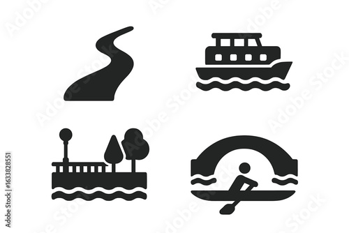 Moscow River Landmarks and Activities Icon Set. Solid Filled Vector Illustrations of Moscow River Scenery, Tour Boat, Embankment, Bridge Arch, Canoe Rowing, Waterway Travel, Leisure Symbols