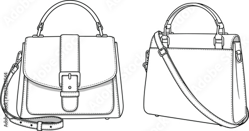 Elegant handbag CAD drawing, flat vector illustration, stylish purse design, fashion accessory sketch, top handle, buckle closure, shoulder strap