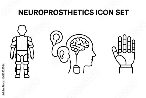 Neuroprosthetics Icon Set Outline – Robotic Exoskeleton, Bionic Hand, Cochlear Implant, Brain Interface, Rehabilitation Robotics, Medical Technology, Assistive Devices, Vector Illustration